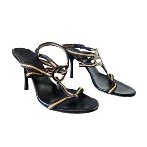 Gucci Black Beige Interlocking G Strappy Sandals Stiletto Heels Size 7 B Italy